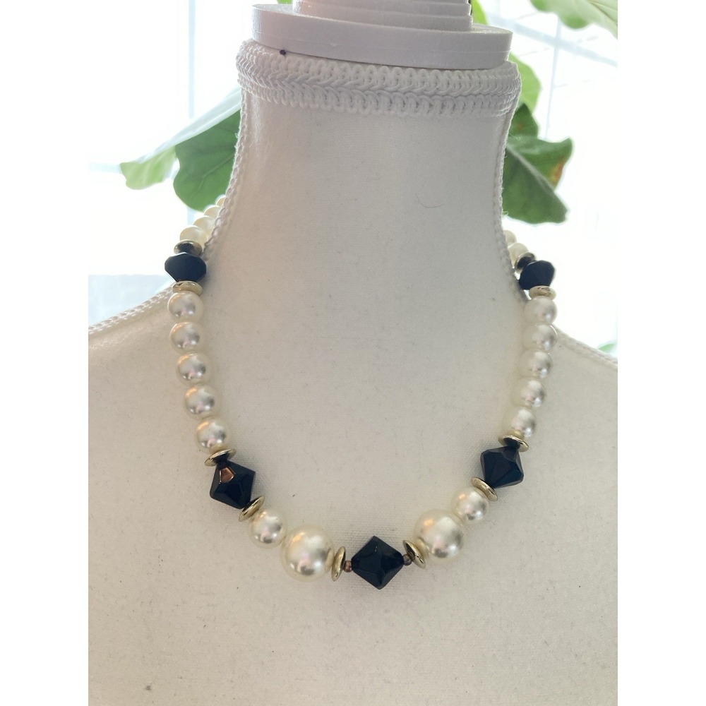 Vintage Faux Pearl Black Glass Bead Necklace Cream Strand Choker Collar Romantic